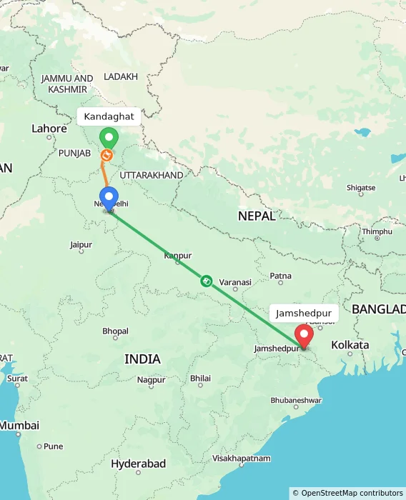 Route map showing distance and travel time from Kandaghat, India to Jamshedpur, India