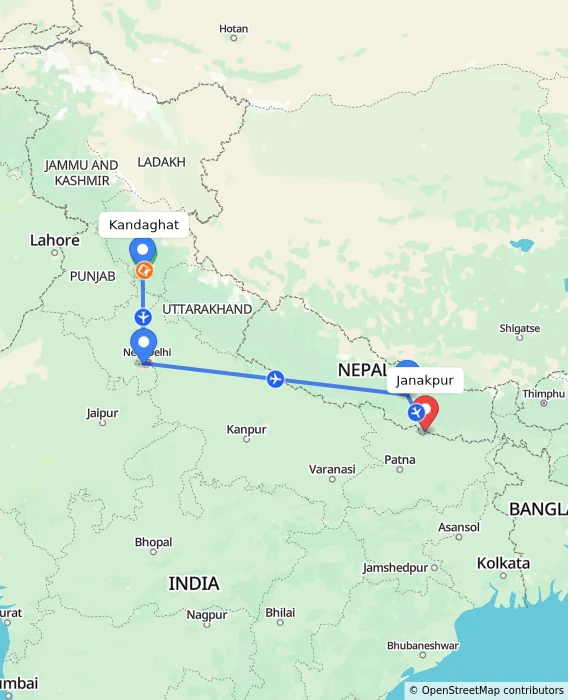 Route map showing distance and travel time from Kandaghat, India to Janakpur, Nepal