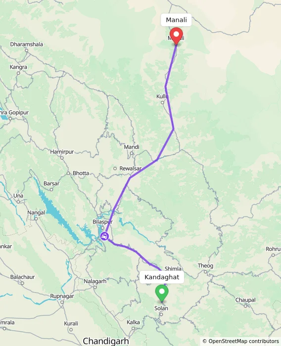 Route map showing distance and travel time from Kandaghat, India to Manali, India