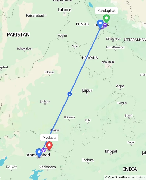 Route map showing distance and travel time from Kandaghat, India to Modasa, India