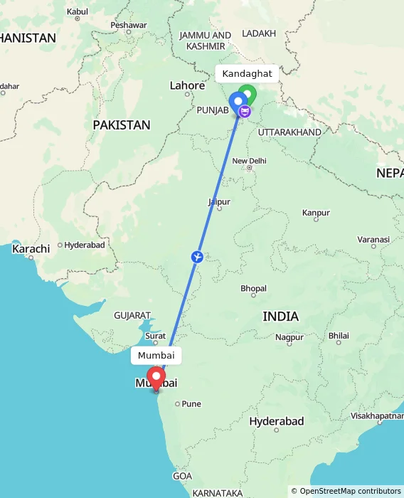 Route map showing distance and travel time from Kandaghat, India to Mumbai, India