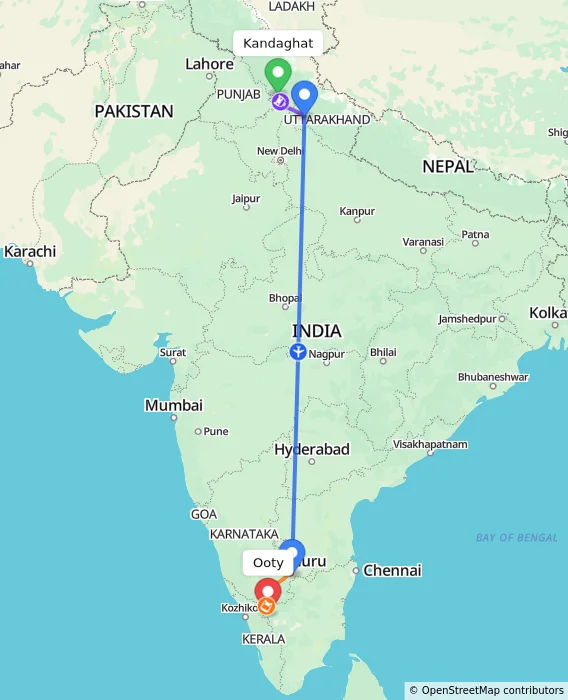 Route map showing distance and travel time from Kandaghat, India to Ooty, India