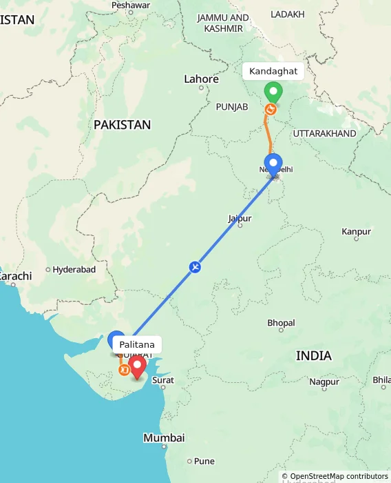 Route map showing distance and travel time from Kandaghat, India to Palitana, India