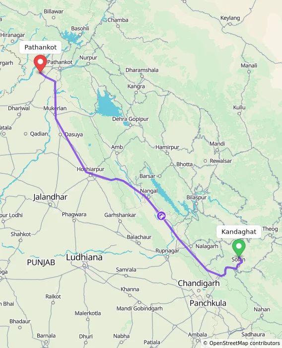 Route map showing distance and travel time from Kandaghat, India to Pathankot, India