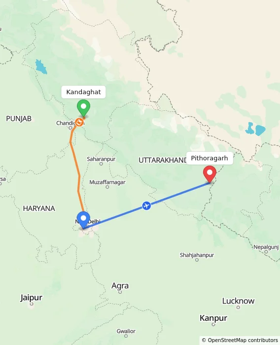 Route map showing distance and travel time from Kandaghat, India to Pithoragarh, India