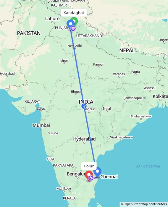Route map showing distance and travel time from Kandaghat, India to Polur, India