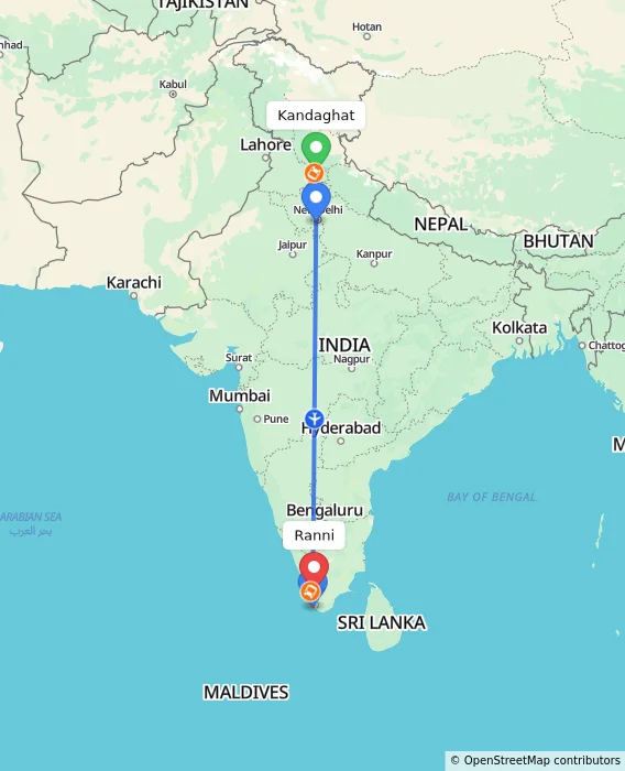 Route map showing distance and travel time from Kandaghat, India to Ranni, India