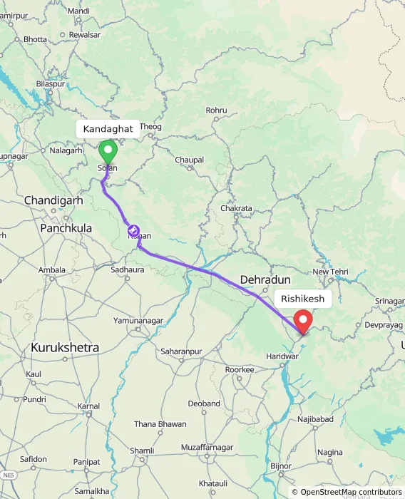 Route map showing distance and travel time from Kandaghat, India to Rishikesh, India