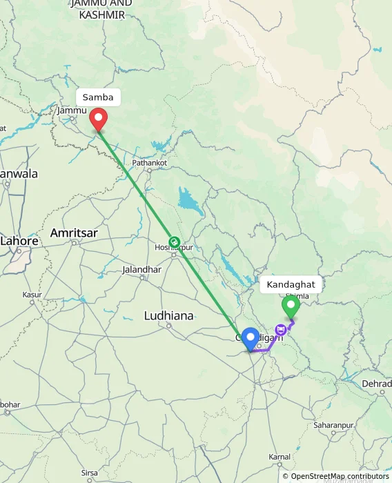 Route map showing distance and travel time from Kandaghat, India to Samba, India
