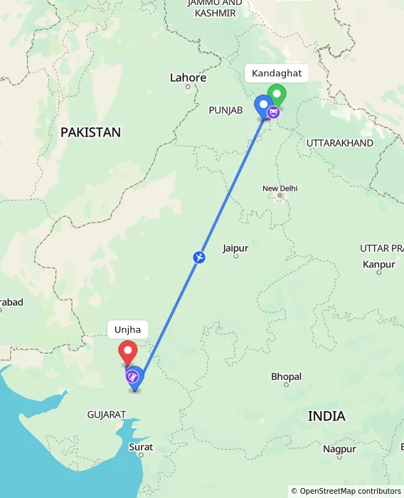 Route map showing distance and travel time from Kandaghat, India to Unjha, India