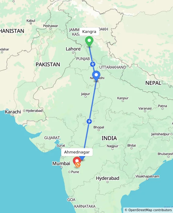 Route map showing distance and travel time from Kangra, India to Ahmednagar, India