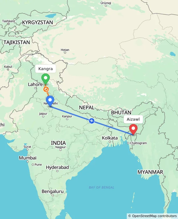 Route map showing distance and travel time from Kangra, India to Aizawl, India