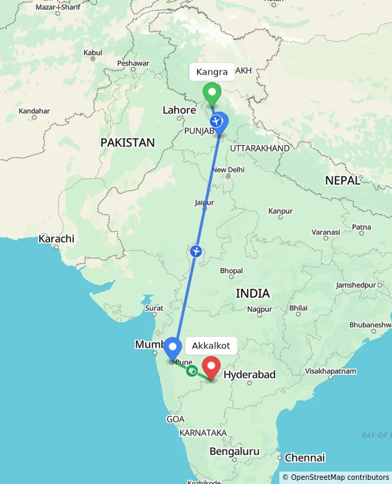 Route map showing distance and travel time from Kangra, India to Akkalkot, India
