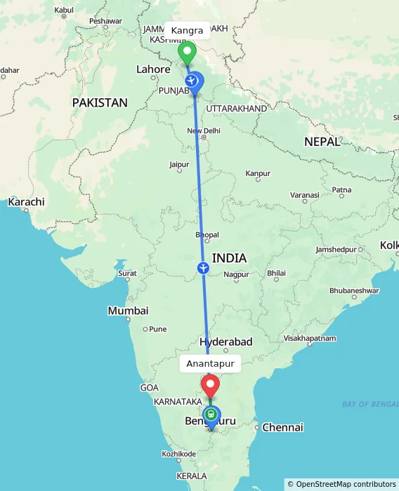Route map showing distance and travel time from Kangra, India to Anantapur, India