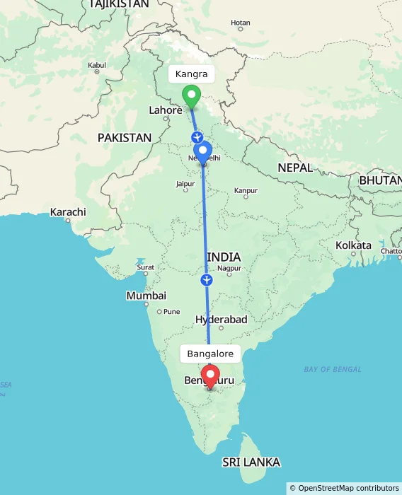 Route map showing distance and travel time from Kangra, India to Bangalore, India