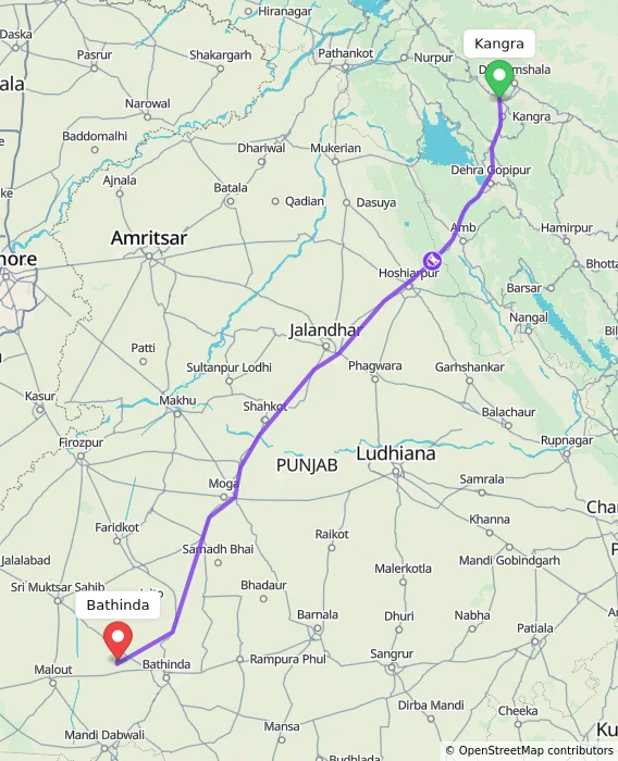 Route map showing distance and travel time from Kangra, India to Bathinda, India