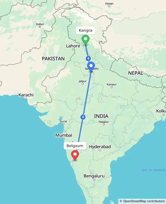 Route map showing distance and travel time from Kangra, India to Belgaum, India