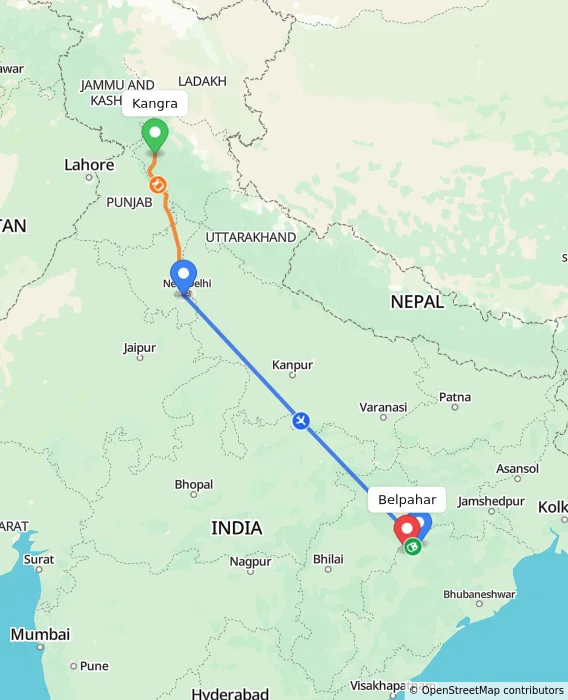 Route map showing distance and travel time from Kangra, India to Belpahar, India