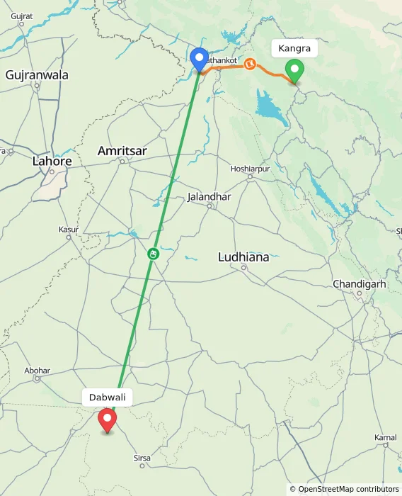 Route map showing distance and travel time from Kangra, India to Dabwali, India