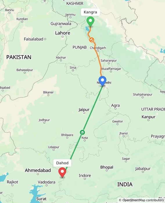 Route map showing distance and travel time from Kangra, India to Dahod, India