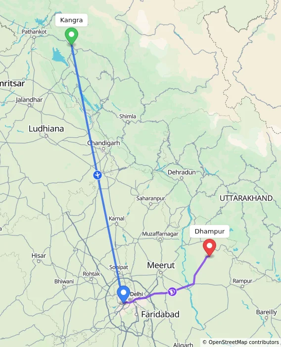 Route map showing distance and travel time from Kangra, India to Dhampur, India