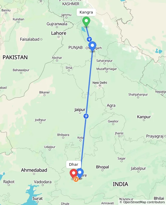 Route map showing distance and travel time from Kangra, India to Dhar, India