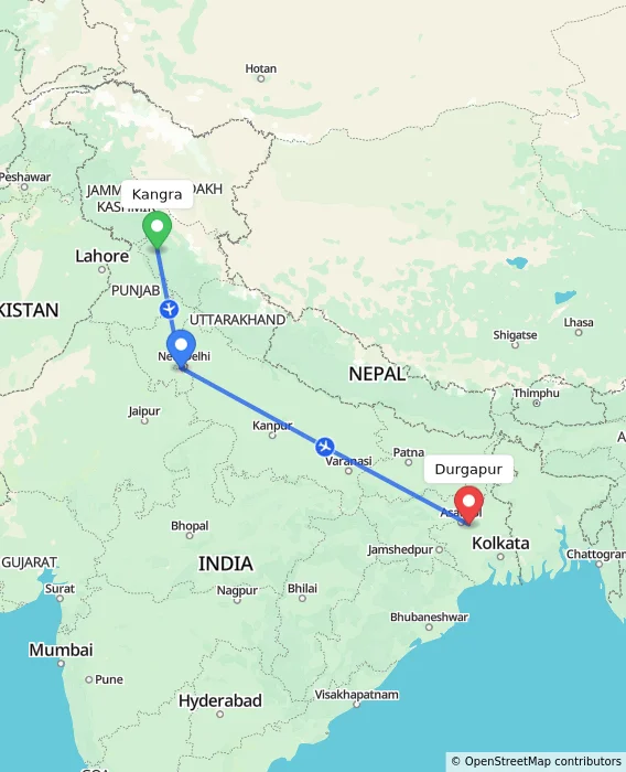 Route map showing distance and travel time from Kangra, India to Durgapur, India
