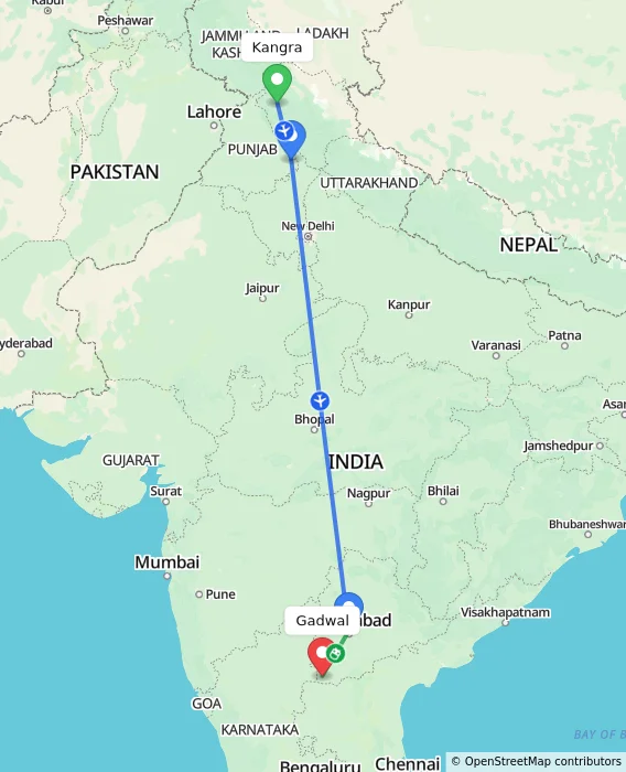 Route map showing distance and travel time from Kangra, India to Gadwal, India
