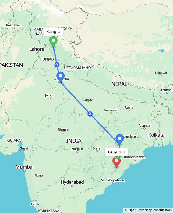 Route map showing distance and travel time from Kangra, India to Gunupur, India