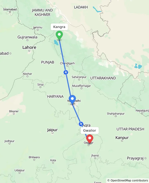 Route map showing distance and travel time from Kangra, India to Gwalior, India
