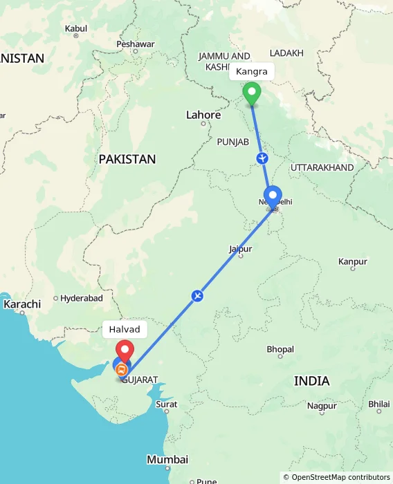 Route map showing distance and travel time from Kangra, India to Halvad, India