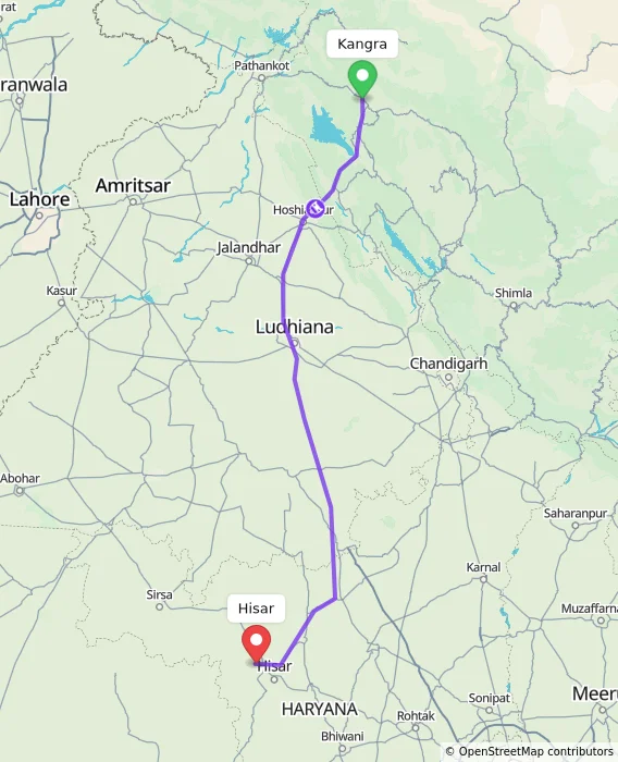 Route map showing distance and travel time from Kangra, India to Hisar, India