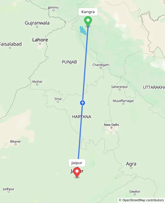 Route map showing distance and travel time from Kangra, India to Jaipur, India