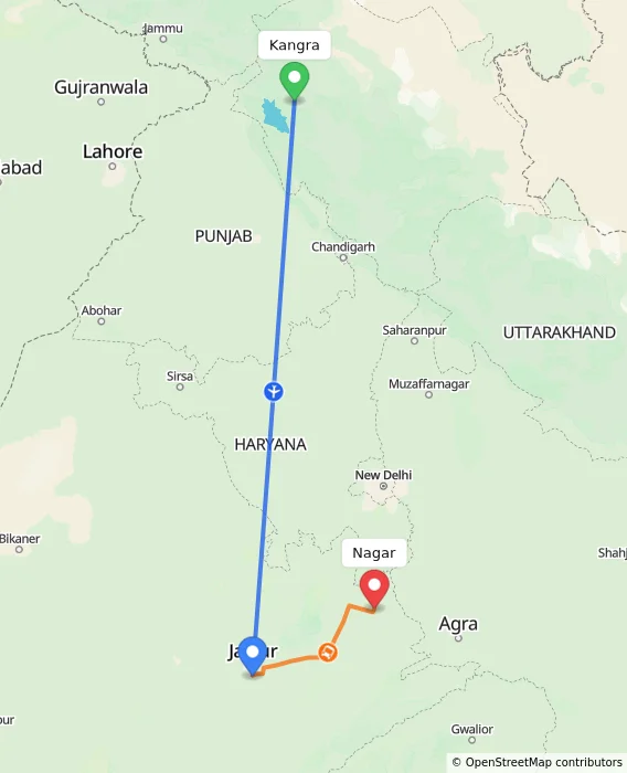 Route map showing distance and travel time from Kangra, India to Nagar, India