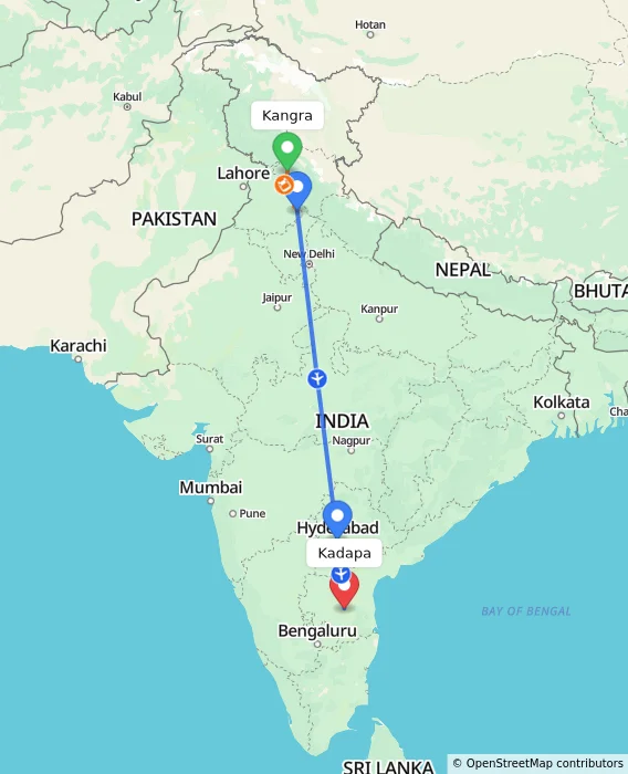 Route map showing distance and travel time from Kangra, India to Kadapa, India