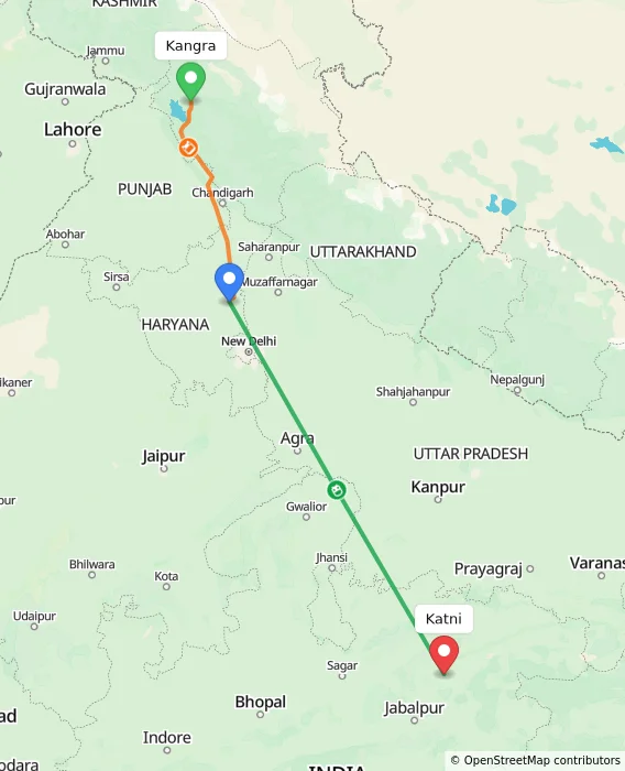 Route map showing distance and travel time from Kangra, India to Katni, India