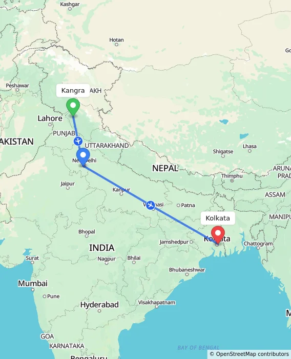 Route map showing distance and travel time from Kangra, India to Kolkata, India