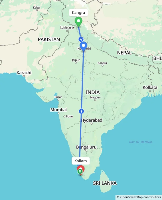 Route map showing distance and travel time from Kangra, India to Kollam, India