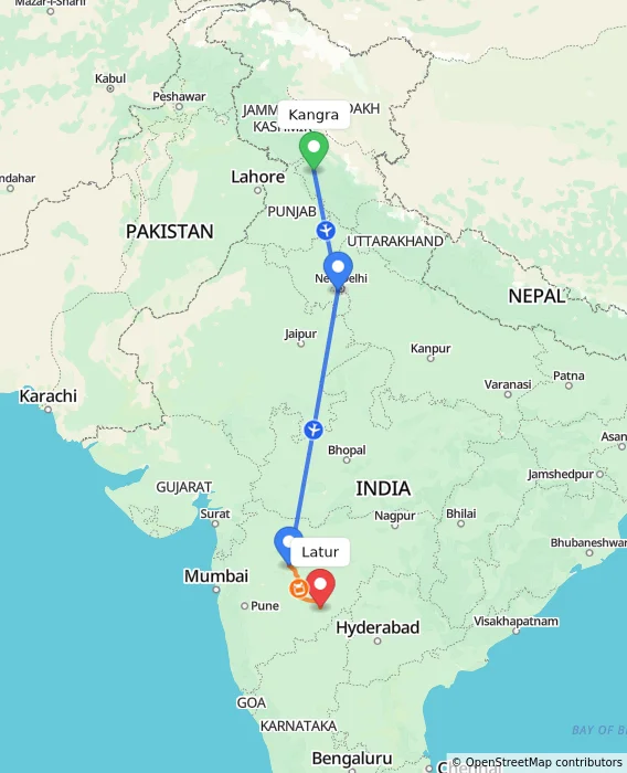 Route map showing distance and travel time from Kangra, India to Latur, India