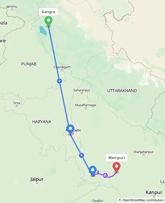 Route map showing distance and travel time from Kangra, India to Mainpuri, India