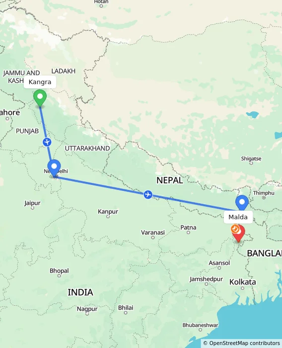 Route map showing distance and travel time from Kangra, India to Malda, India