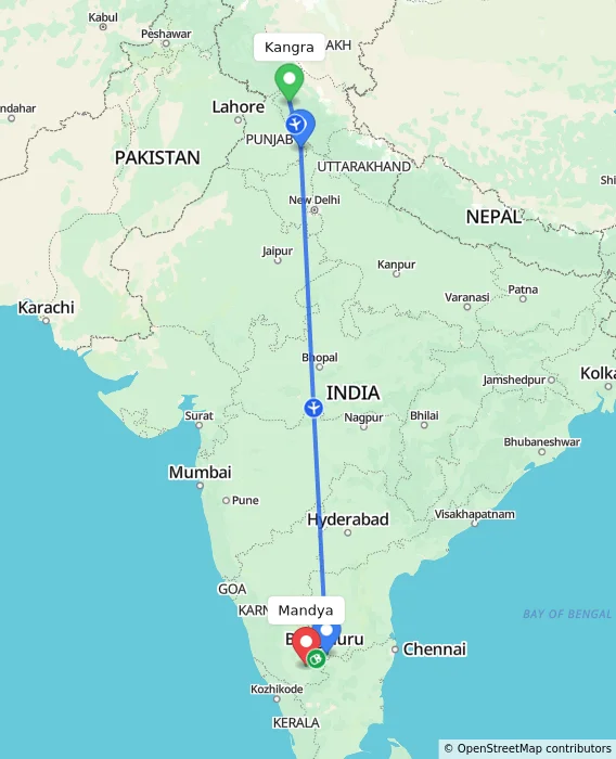 Route map showing distance and travel time from Kangra, India to Mandya, India