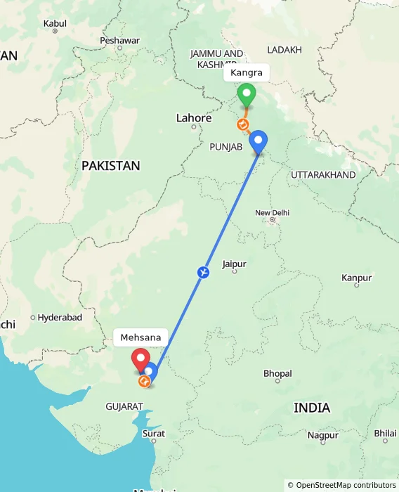 Route map showing distance and travel time from Kangra, India to Mehsana, India