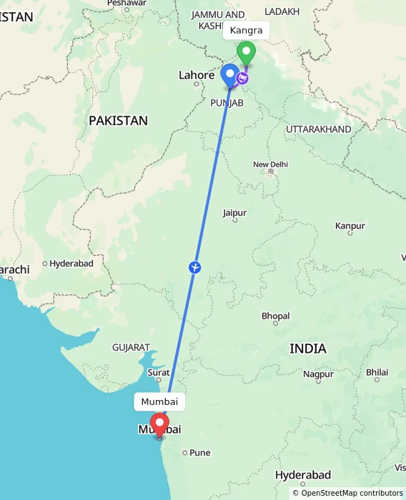 Route map showing distance and travel time from Kangra, India to Mumbai, India