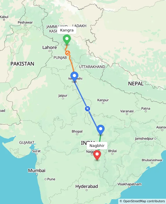 Route map showing distance and travel time from Kangra, India to Nagbhir, India