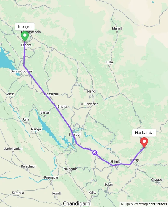 Route map showing distance and travel time from Kangra, India to Narkanda, India