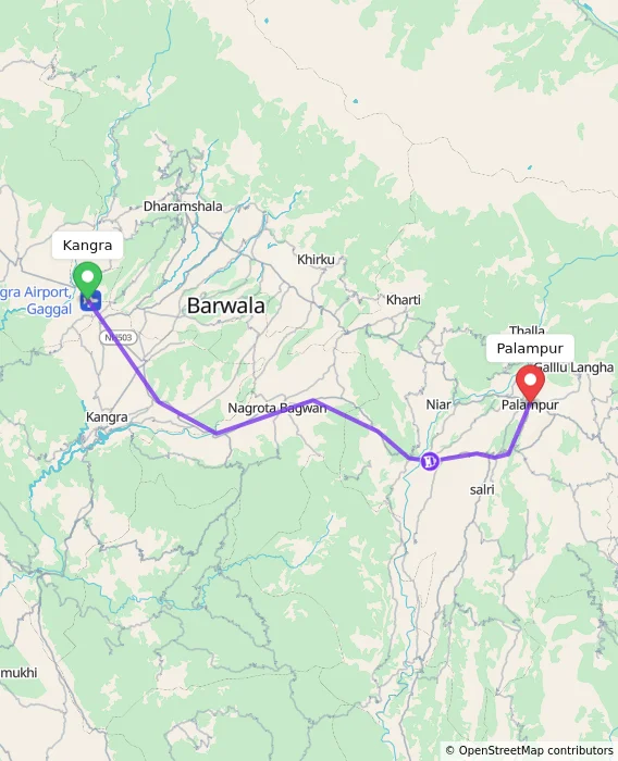 Route map showing distance and travel time from Kangra, India to Palampur, India