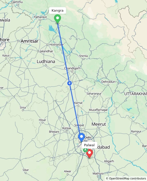 Route map showing distance and travel time from Kangra, India to Palwal, India