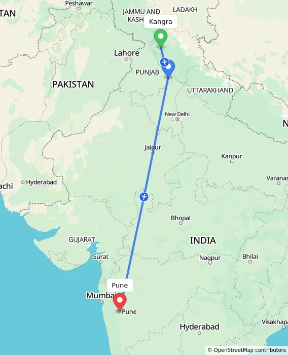 Route map showing distance and travel time from Kangra, India to Pune, India