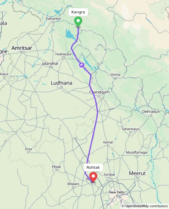 Route map showing distance and travel time from Kangra, India to Rohtak, India
